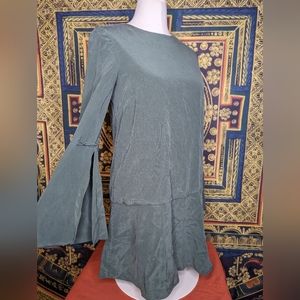 Tibi Women's Flared Split Sleeve Zip Up Mini Silk Dress Size 2 Green